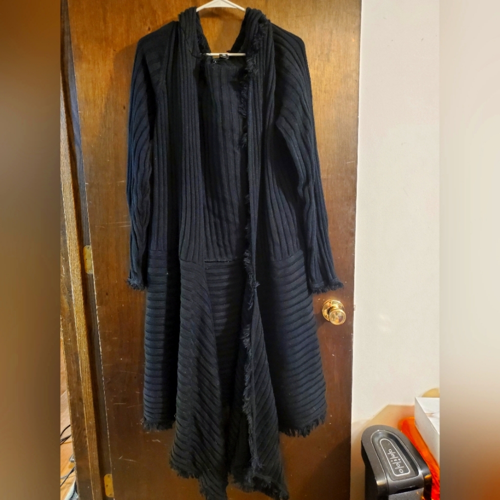 Dollskill Darker Waves Long Black Ribbed Hooded Cardigan